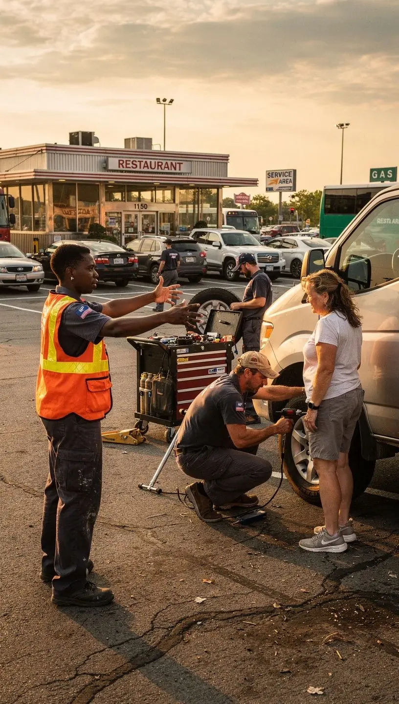 Mobile tire service van equipped with balancing machines and tools parked at a customer's location in an urban setting.